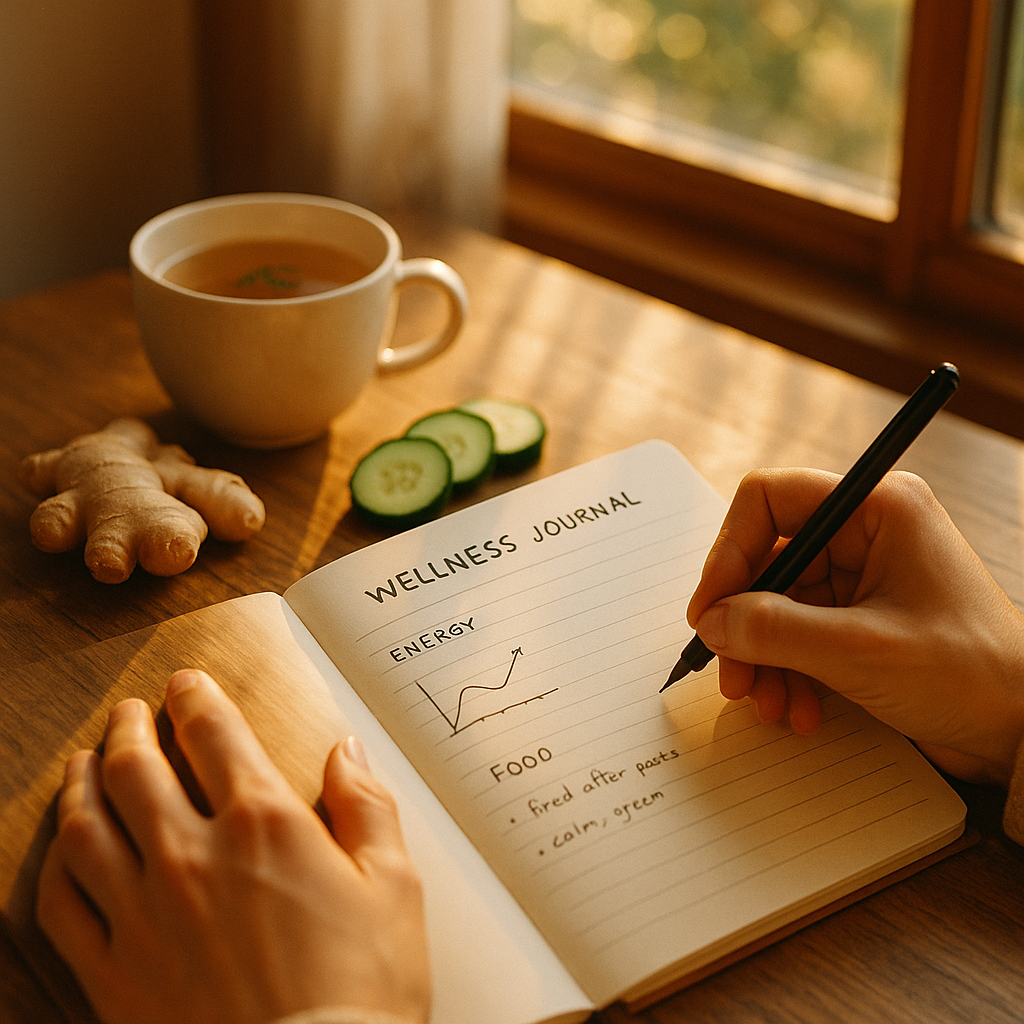 A peaceful morning scene of a person's hands writing in a wellness journal on a wooden desk, with a cup of herbal tea, fresh ginger root, and cucumber slices artfully arranged nearby. Soft morning sunlight streams through a window creating warm natural lighting. The journal shows simple notes and sketches about daily energy levels and food responses. Shot with 35mm lens, f/2.2 aperture, bokeh effect in the background, golden hour lighting, highly detailed textures, photo style