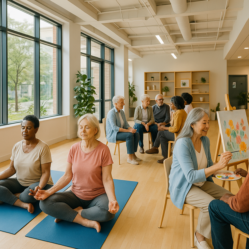 A diverse group of seniors engaged in various wellness activities in a modern community center - some doing yoga, others painting, a few in discussion groups, bright natural lighting through large windows, wide-angle shot showing interconnected spaces, vibrant and energetic atmosphere, shot with 35mm lens, photo style