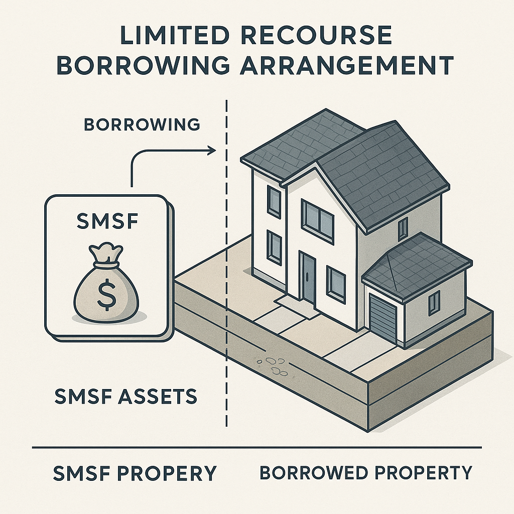A detailed architectural cross-section view showing the structure of a Limited Recourse Borrowing Arrangement for SMSF property investment. Visual representation includes a residential property held in trust, with clean infographic-style elements showing the separation between the SMSF assets and the borrowed property. Modern minimalist design with professional color scheme, isometric perspective, highly detailed technical illustration style with clear lines and annotations, soft lighting, suitable for financial documentation.