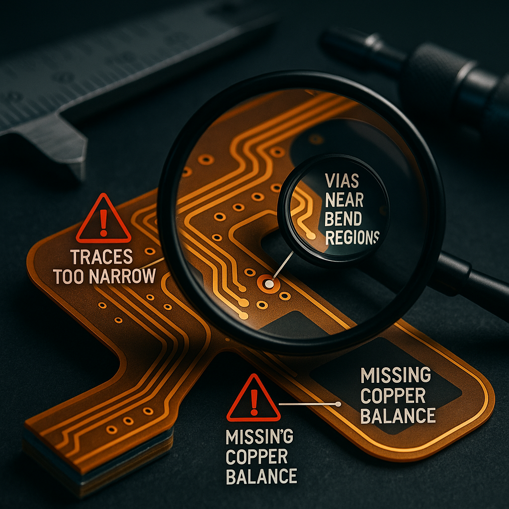 A detailed technical illustration showing a flexible PCB design with visible design flaws highlighted in red warning markers: traces that are too narrow, vias positioned too close to bend regions, and missing copper balance areas. The PCB is shown in a cross-section view revealing the multilayer structure. The scene includes engineering measurement tools and a magnifying glass examining the problem areas. Modern technical photography style, shot with macro lens, dramatic side lighting, high contrast, sharp focus on the PCB surface with shallow depth of field blurring the background tools.