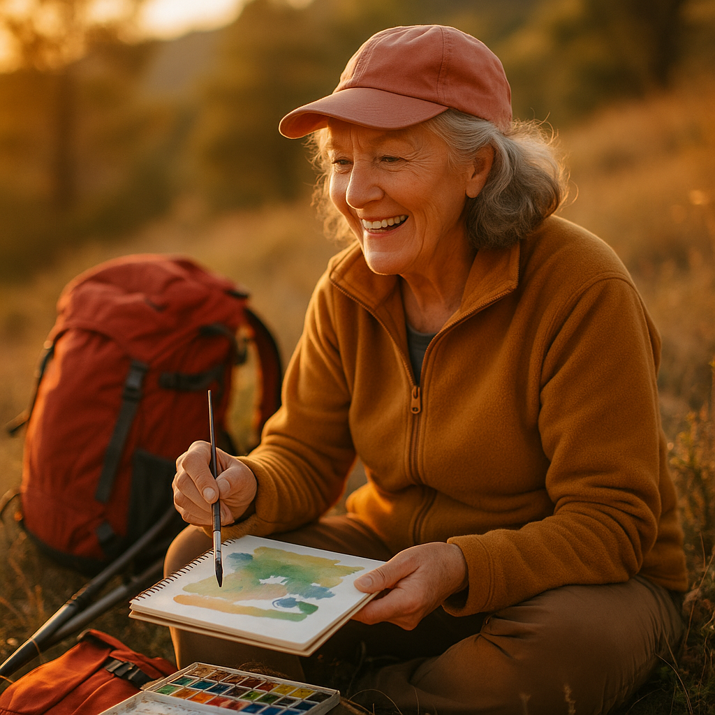 A vibrant photo of an active senior woman in her late 60s painting with watercolors outdoors, surrounded by hiking gear and art supplies, natural golden hour lighting, shot with 50mm lens at f/2.8, warm tones, candid moment capturing joy and engagement, photo style
