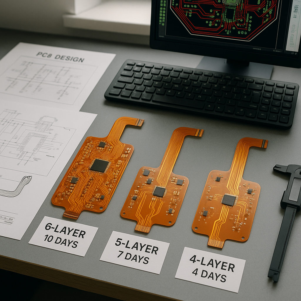 An overhead view of a clean electronics engineering workstation showing the evolution of a flexible PCB design: three versions of the same circuit board laid out side by side, progressing from a complex 6-layer design on the left to a simplified 4-layer design on the right. Each board is labeled with layer count and turnaround time. Design documentation, technical drawings, and a computer screen displaying PCB layout software are visible in the background. Professional workspace photography, natural lighting from window, shot with 50mm lens at f/2.8, organized and clean composition emphasizing the design optimization process.