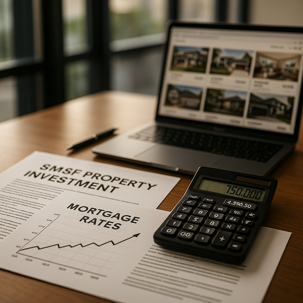 A modern Australian financial advisor's desk with detailed SMSF property investment documents, mortgage rate charts showing upward trends, a calculator displaying loan figures, and a laptop screen showing property listings. Professional office setting with natural lighting from large windows, shot with 50mm lens at f/2.8, shallow depth of field, high contrast, business photography style with warm tones and crisp details.