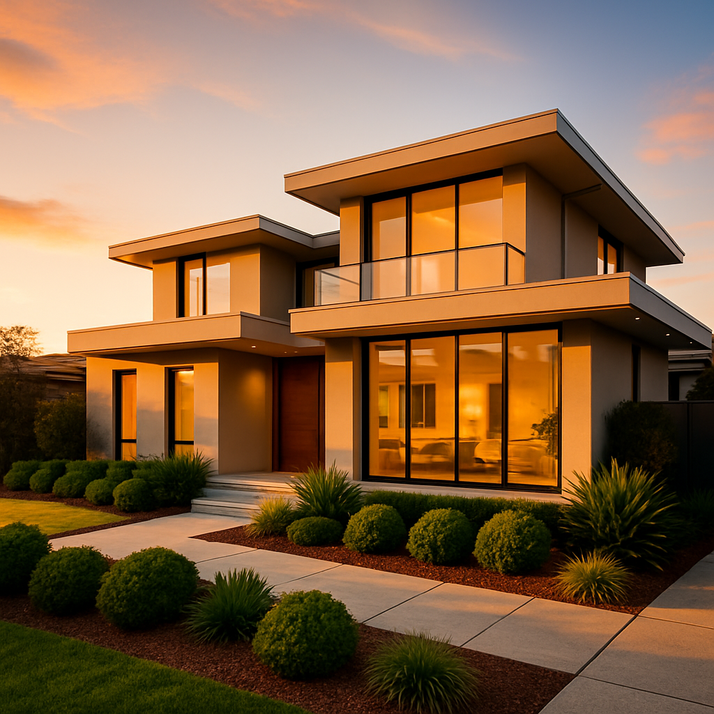 An elegant residential investment property at golden hour, modern Australian architecture with clean lines, well-maintained garden in foreground, warm sunset lighting casting long shadows, photo style, shot with 24mm wide-angle lens, f/8, architectural photography composition, rich detail and texture, vibrant colors, professional real estate photography quality