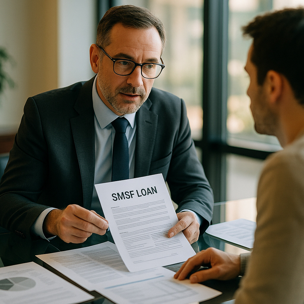 A professional financial advisor reviewing SMSF loan documents with a client in a modern office setting, detailed paperwork spread across a glass desk, warm natural lighting from large windows, photo style, shot with 50mm lens, f/2.8, shallow depth of field, highly detailed, business professional atmosphere