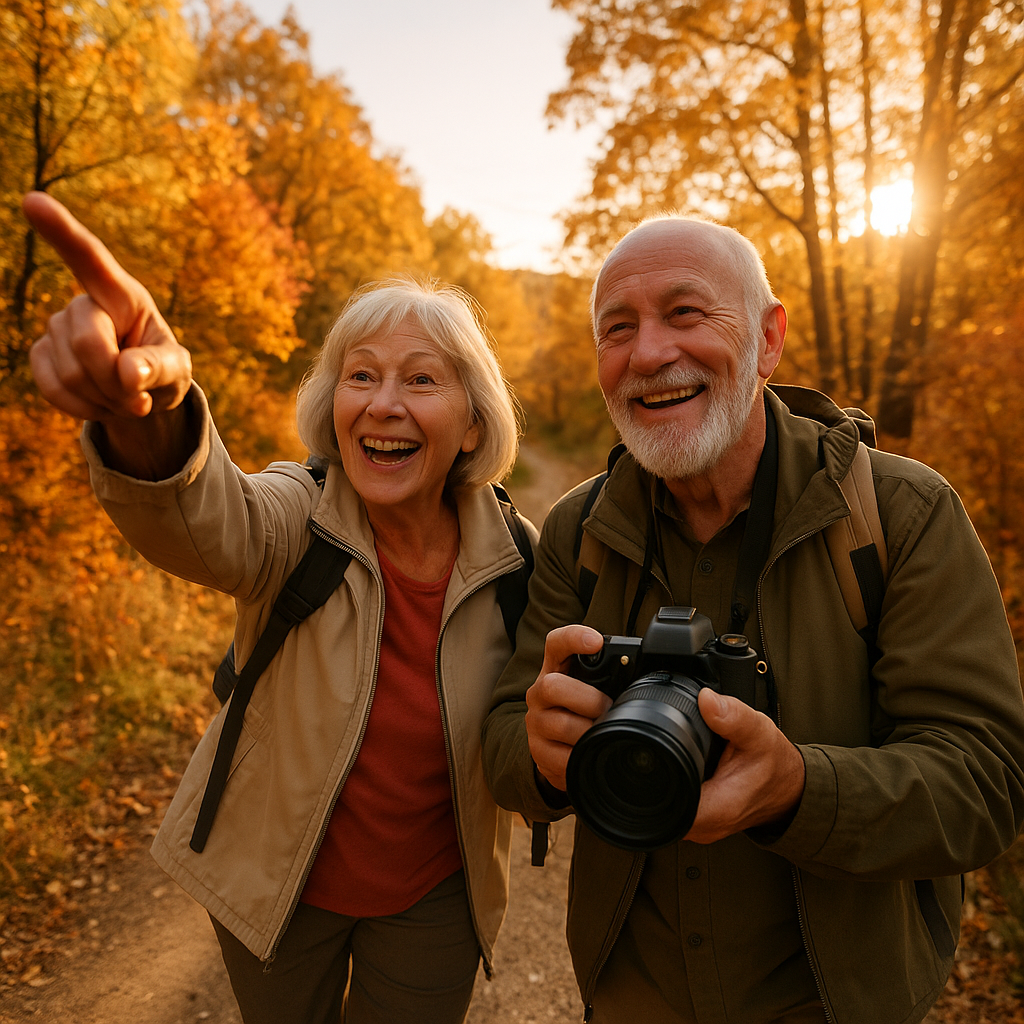 A joyful elderly couple hiking on a scenic nature trail at golden hour, the man holding a professional camera while the woman points at something interesting in the distance, surrounded by autumn foliage and soft sunlight filtering through trees, captured with wide-angle lens, natural lighting, warm tones, photo style