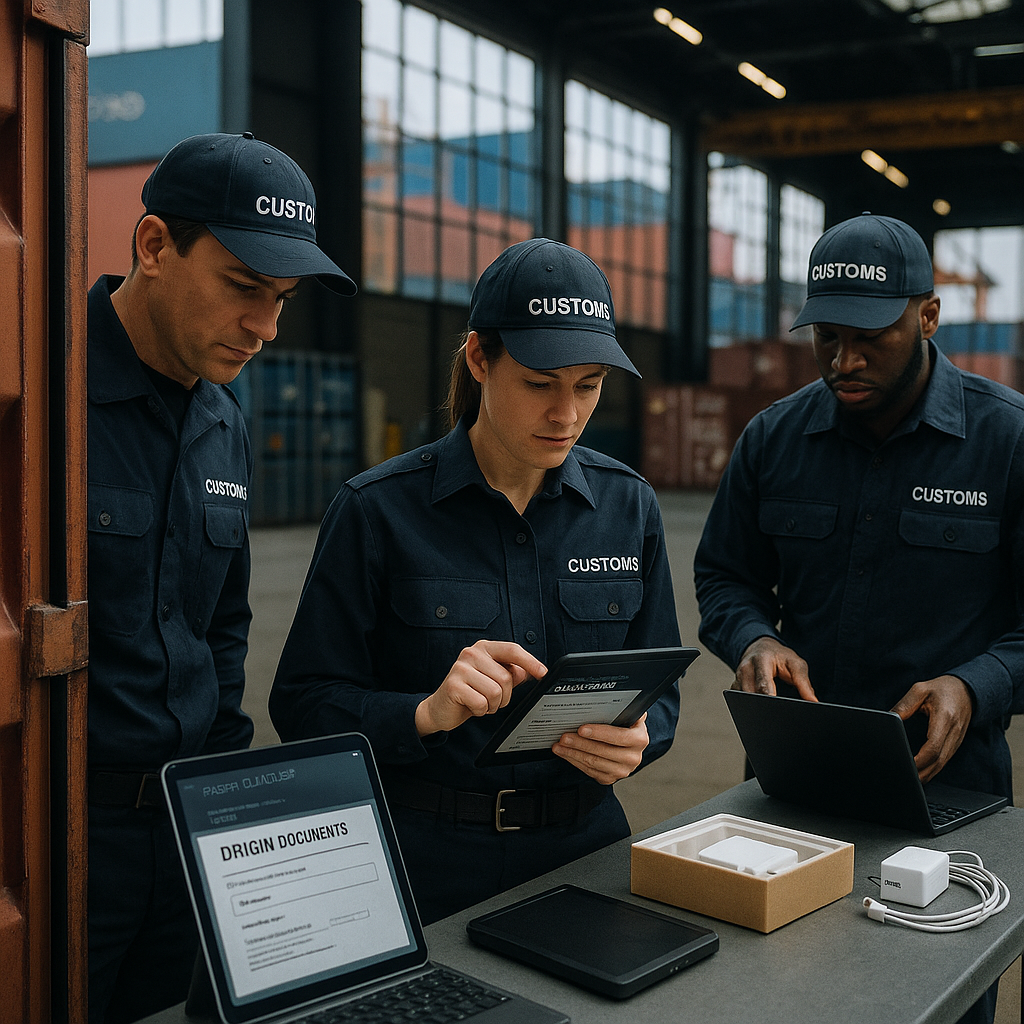 A sophisticated customs inspection scene at a modern port facility, showing uniformed customs officers examining shipping containers and electronic products on inspection tables, with digital tablets displaying tariff classifications and origin documentation, natural lighting through large warehouse windows, professional documentary photography style, shot with 35mm lens, f/2.8, shallow depth of field, high detail, showing the serious nature of customs compliance