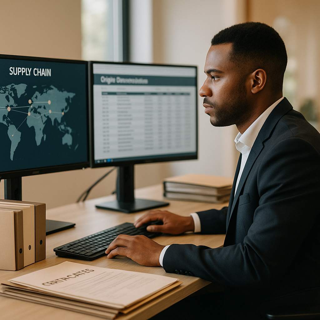 A modern business professional working at a clean desk with dual monitors displaying supply chain mapping software and origin documentation spreadsheets, organized folders of certificates and shipping documents neatly arranged, natural office lighting from window, professional corporate photography style, shot with 50mm lens, f/2.8, bokeh effect on background, warm tones, conveying efficiency and compliance management