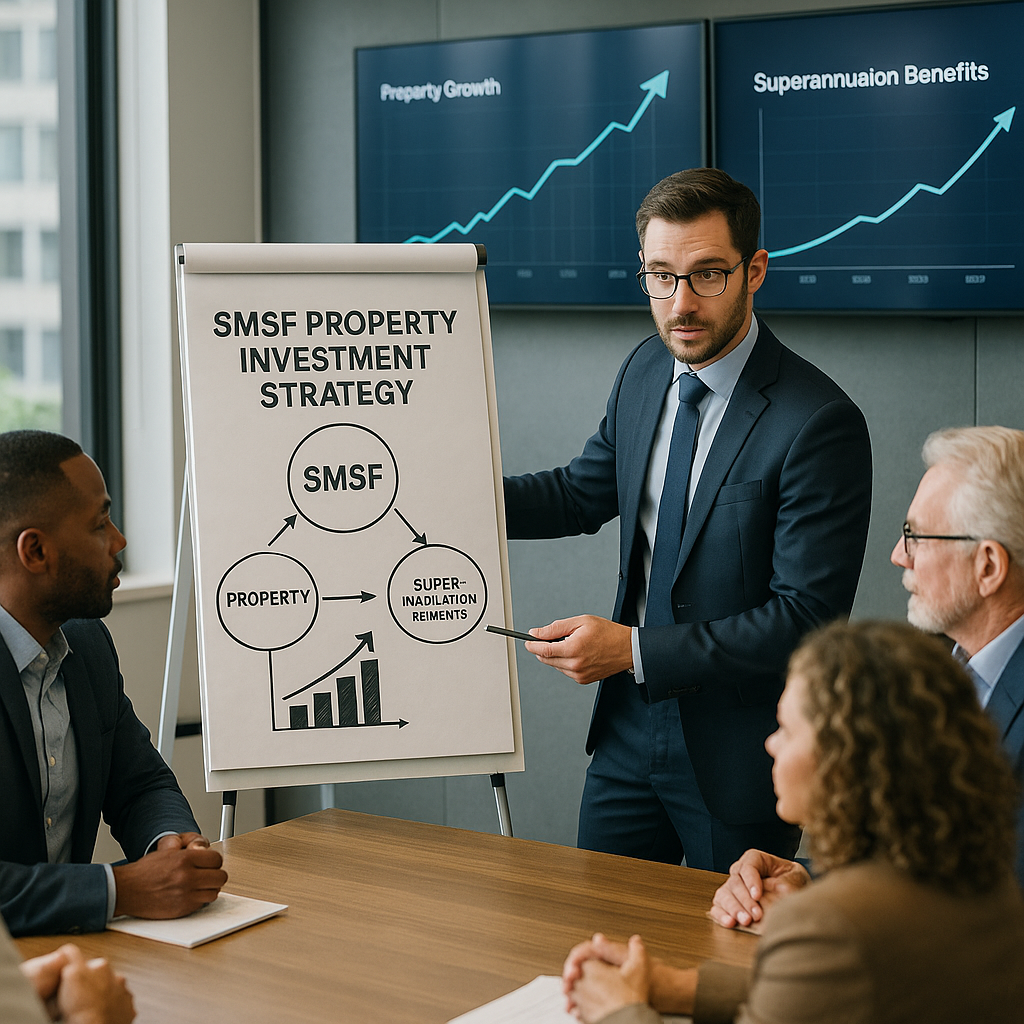 A professional financial advisor presenting an SMSF property investment strategy diagram to a diverse group of Australian investors in a modern office boardroom, with charts showing property growth trajectories and superannuation benefits displayed on screens behind them, natural office lighting, shot with 50mm lens, f/2.8, business photography style, highly detailed