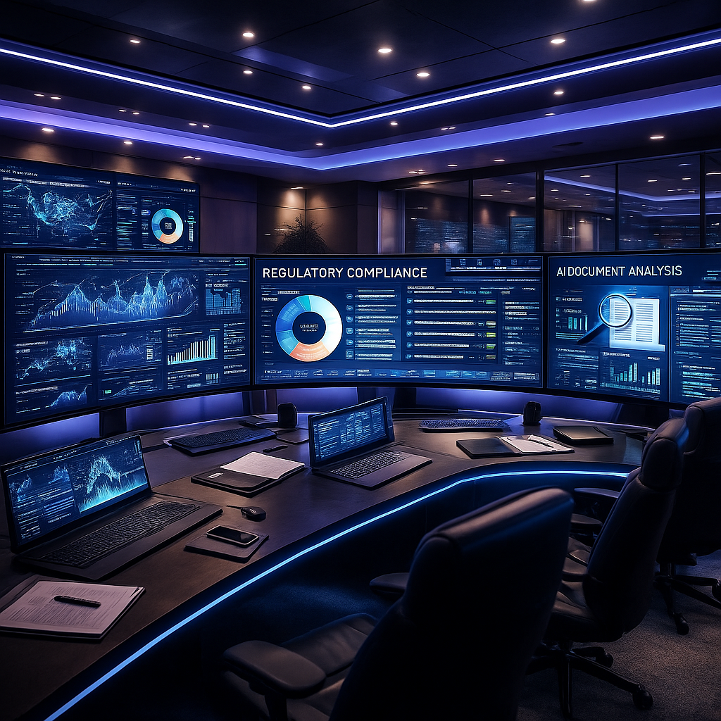 A sophisticated control room with multiple curved monitors displaying data analytics dashboards, regulatory compliance charts, and AI-powered legal document analysis interfaces. The room features modern ambient lighting with blue and purple tones, professional business environment, clean contemporary design, shot with wide-angle lens, dramatic lighting, highly detailed, photo style