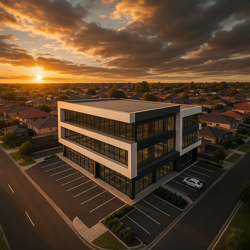An aerial view of a modern Australian commercial property investment building with clean architectural lines, surrounded by residential developments, captured during golden hour with warm lighting, shot with wide-angle lens, dramatic sky, high contrast, property investment photography style, DSLR camera, f/8, landscape format
