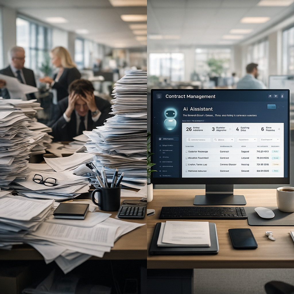 A modern office environment showing the contrast between chaos and order: on one side, stacks of paper contracts and stressed business people, on the other side, a clean digital workspace with AI interface displaying organized contract data, photo style, shot with 35mm lens, natural office lighting, shallow depth of field, professional corporate atmosphere