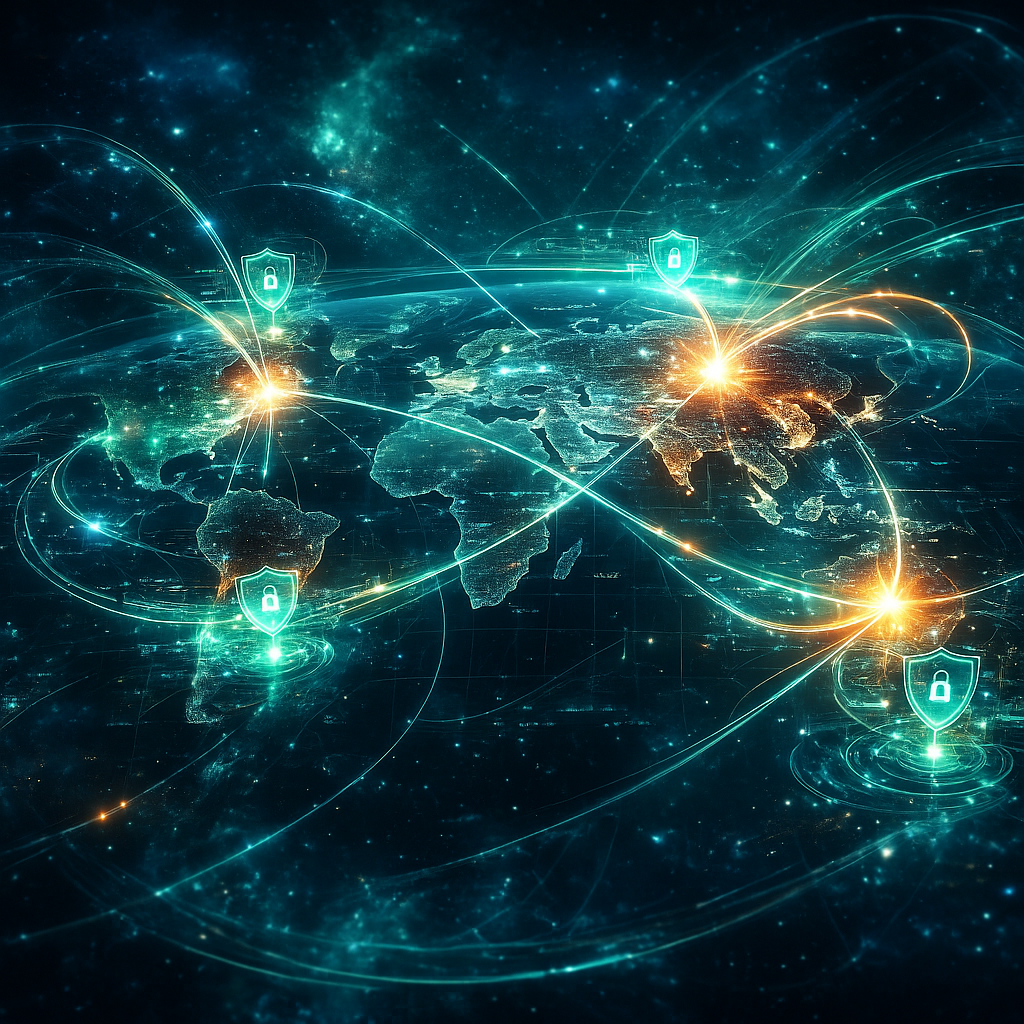 An abstract visualization of interconnected data flows between global regions, featuring glowing network nodes representing China, North America, Europe, Australia and Asia connected by flowing light trails. Digital security shields and compliance checkpoints appear along the pathways, holographic interface elements, futuristic technology aesthetic, deep blue and emerald green color palette, volumetric lighting, highly detailed, photo style