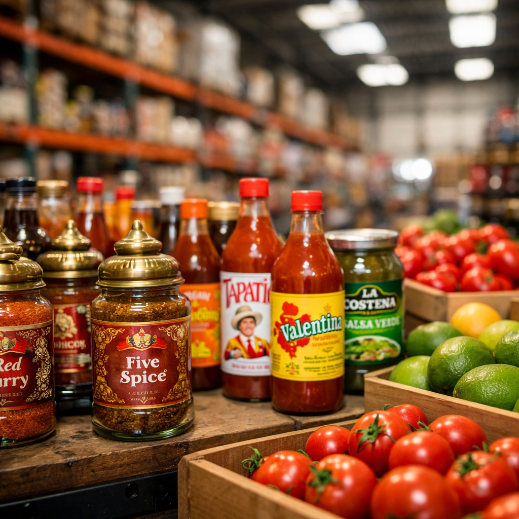 A bustling modern warehouse interior with organized rows of colorful international food products, featuring Asian spices in ornate jars, Mexican sauces in vibrant bottles, and fresh produce from various cultures, shot with 35mm lens, natural warehouse lighting streaming through skylights, shallow depth of field at f/2.8, highly detailed product labels and textures, professional commercial photography style
