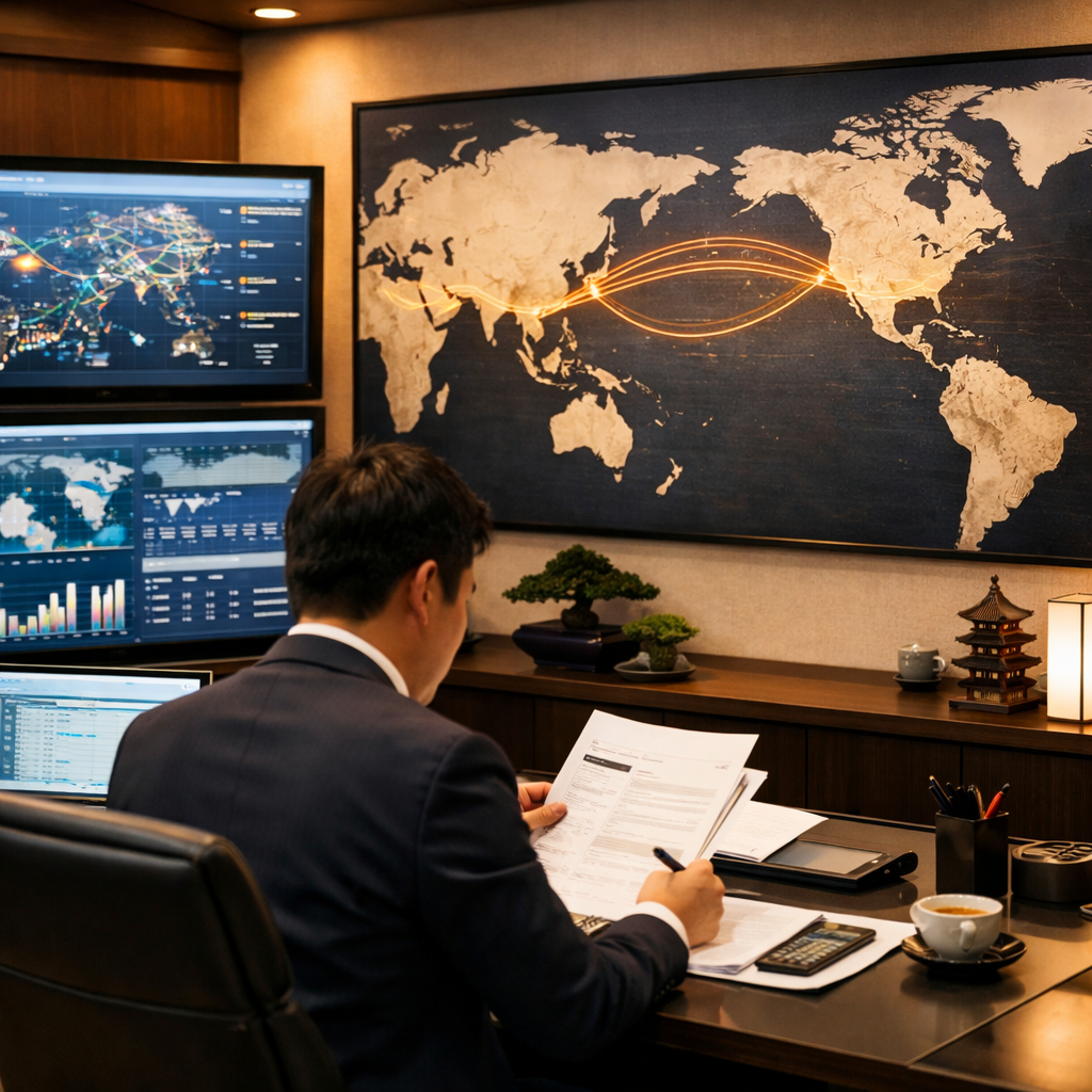 A sophisticated logistics control center with large monitors displaying global shipping routes and supply chain data, warm ambient lighting, person reviewing documents at a modern desk with a world map on the wall showing trade routes between Asia and North America, shot with 50mm lens at f/4, professional business photography style, clean and organized workspace with subtle Asian cultural elements