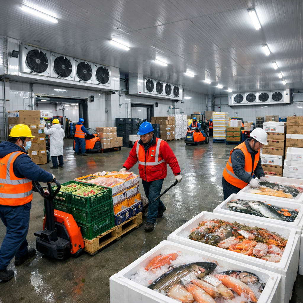 A bustling modern Chinese cold storage warehouse facility with workers in safety gear moving pallets of fresh produce and seafood through temperature-controlled zones, industrial refrigeration units visible in background, bright LED lighting, wide-angle shot, photo style, shot with 24mm lens, f/4, highly detailed