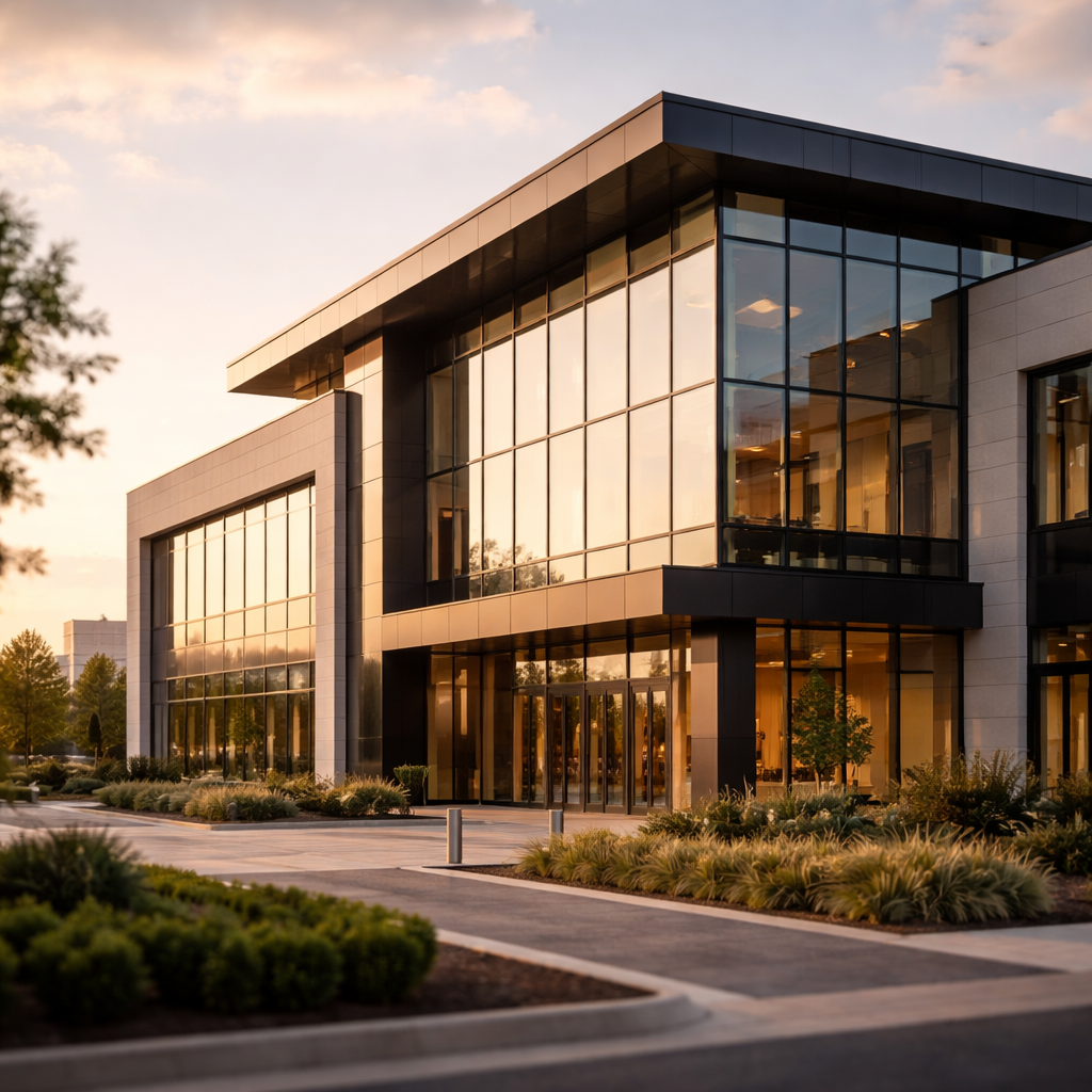 A modern commercial property building with clean architectural lines, photographed during golden hour with warm natural lighting. Shot with 50mm lens at f/2.8, showing the building's facade in sharp focus with a slightly blurred urban background. Professional real estate photography style with high detail and clarity.
