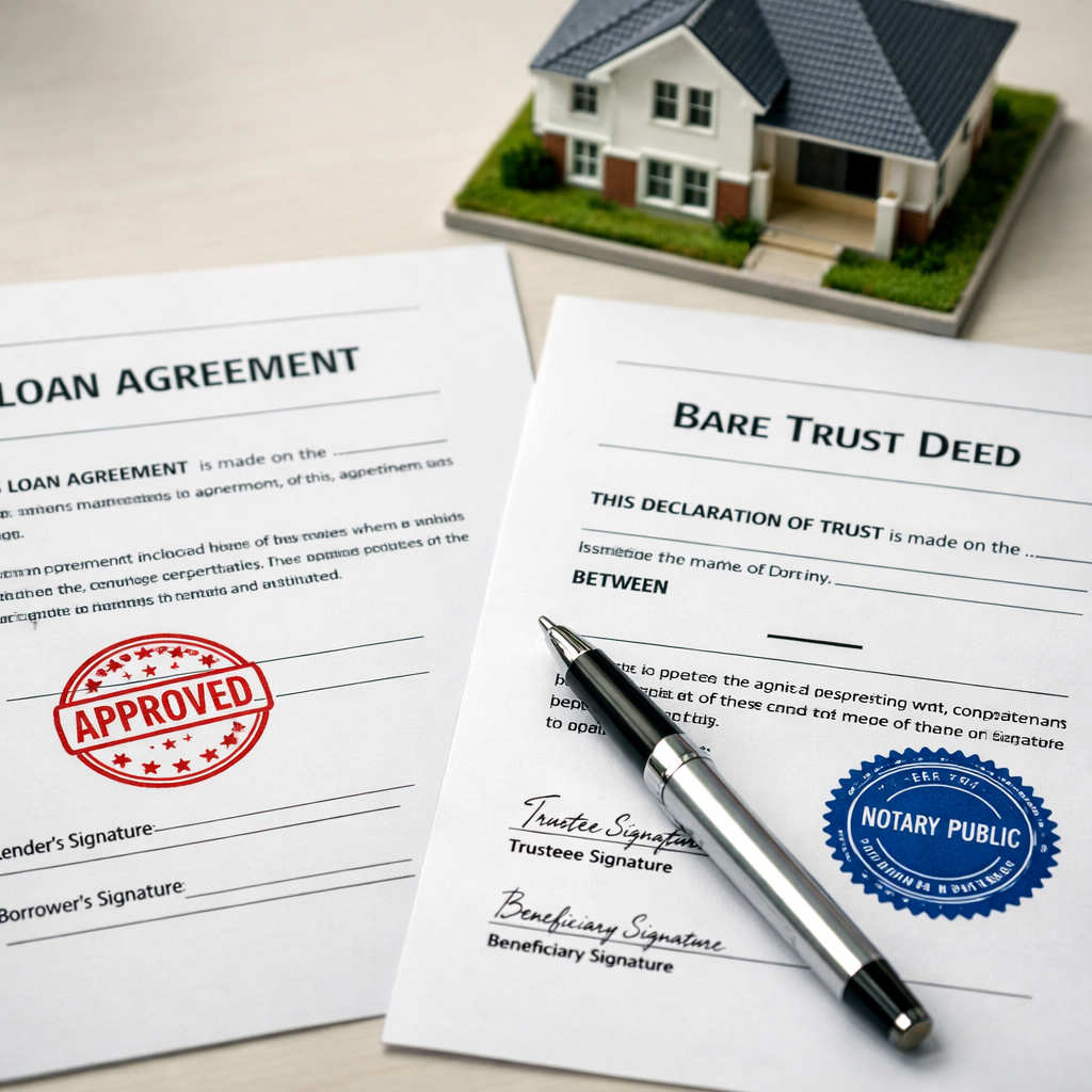 A professional financial document showing loan agreement papers and a bare trust deed on a clean office desk, accompanied by a small architectural model of a property. Overhead shot with natural office lighting, captured with macro lens showing crisp document details and official seals. Business photography style with shallow depth of field, f/2.8 aperture.