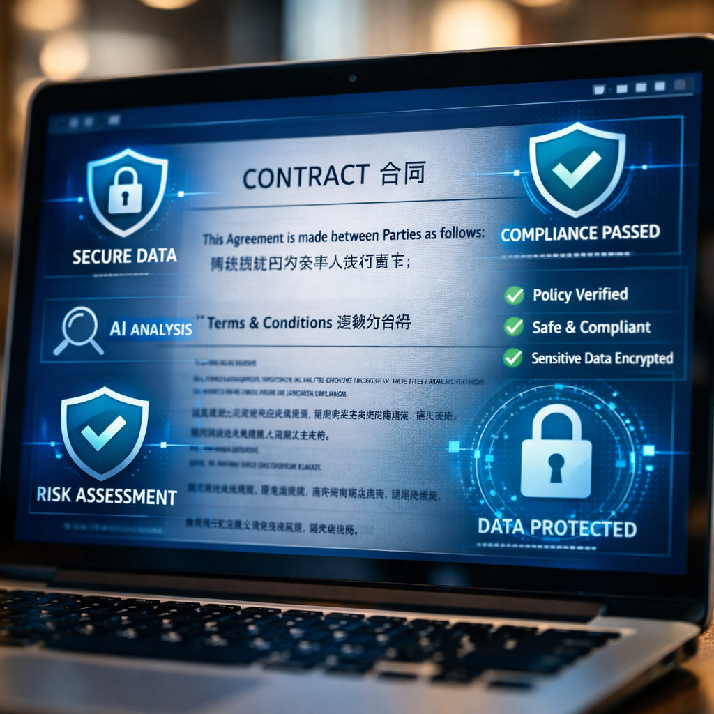 A close-up view of a laptop screen displaying a bilingual English-Chinese contract document with AI analysis interface overlays showing security icons, compliance checkmarks, and data protection symbols. The screen glows with soft blue light in a professional office setting. Background shows blurred modern office environment. Photo style, macro lens, shallow depth of field, f/2.8, warm office lighting, technology photography aesthetic, highly detailed screen content
