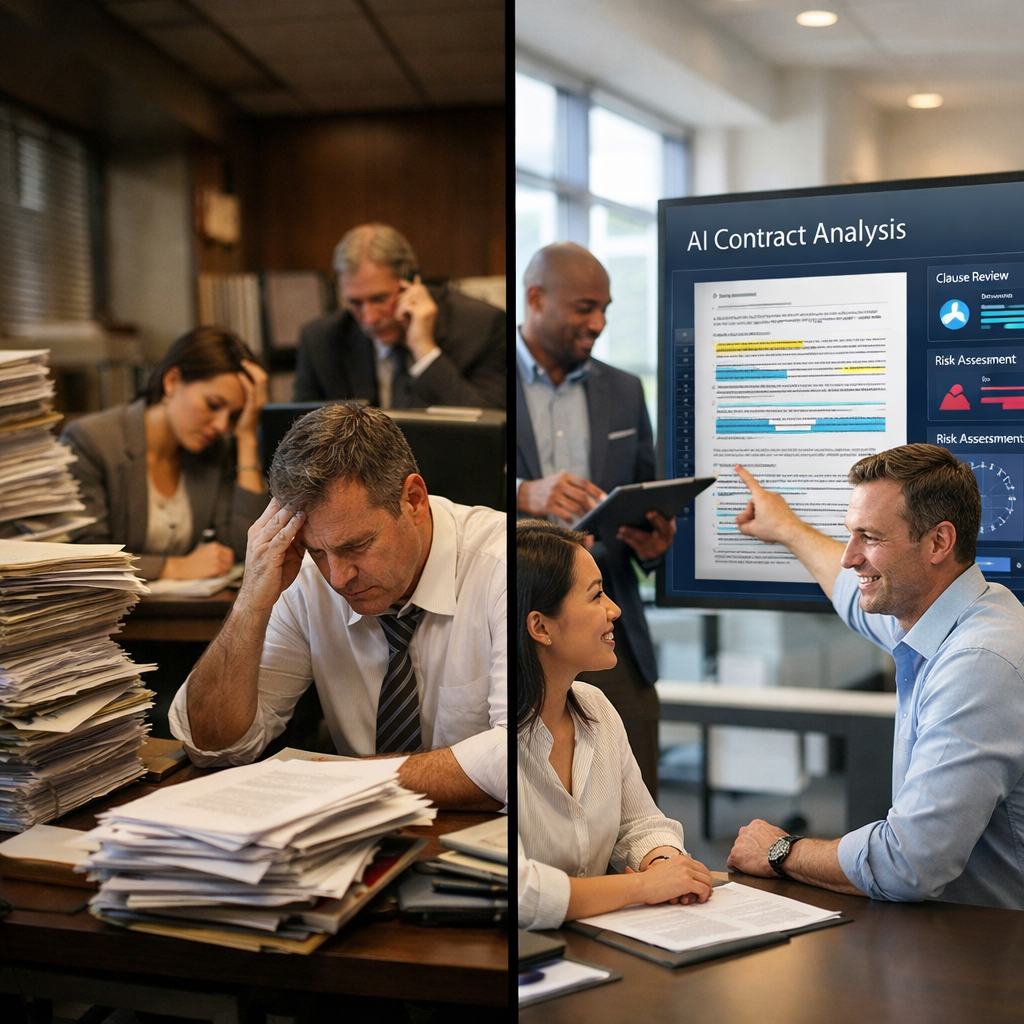 A modern professional workspace showing a split-screen view: on the left, a traditional office with stacks of paper contracts and stressed businesspeople in a dimly lit room; on the right, a bright contemporary office with digital screens displaying AI interface analyzing contract documents, with confident professionals collaborating. The contrast emphasizes transformation from old to new. High-quality photo style, shot with 50mm lens, f/2.8, natural office lighting, corporate photography aesthetic
