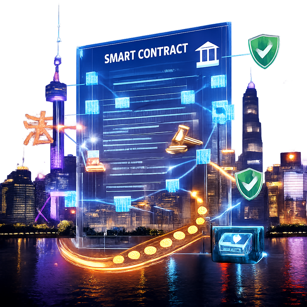 A futuristic visualization of smart contract technology in action: a transparent digital contract document floating in 3D space with glowing blockchain nodes connecting different clauses, Chinese legal code symbols integrated into the smart contract architecture, automated payment flows illustrated with luminous pathways, and compliance checkpoints represented by green verification badges, all set against a backdrop of Shanghai's modern skyline at dusk, high-tech photography style, shot with 24mm wide-angle lens, dramatic blue and purple lighting, crisp details, cinematic composition
