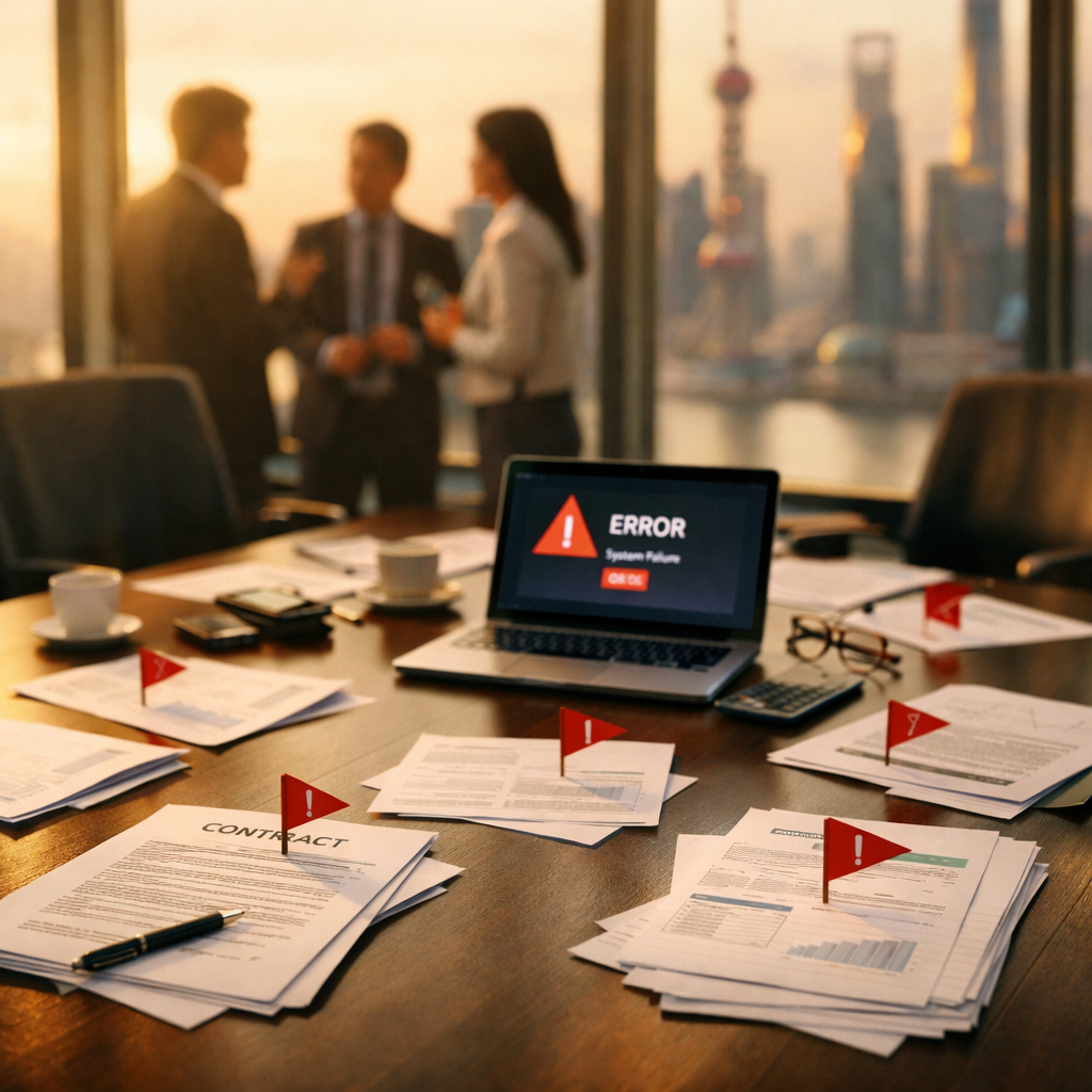 An atmospheric overhead shot of a modern business meeting room in Shanghai, showing a large conference table with scattered contract documents marked with red warning flags, a laptop displaying error messages, and blurred figures of business people in the background discussing concerns. Golden hour lighting through floor-to-ceiling windows, shallow depth of field f/2.8, shot with 50mm lens, professional corporate photography style, slight film grain.