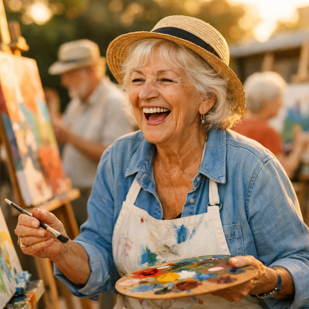 A vibrant photo of an energetic senior woman in her 70s laughing joyfully while painting at an outdoor art class, surrounded by colorful canvases and other seniors, shot with 50mm lens, natural golden hour lighting, warm tones, shallow depth of field, photo style