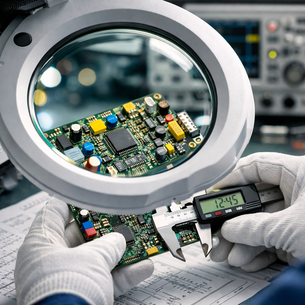 Close-up photo of a quality inspector examining a completed PCB assembly under a magnifying lamp, wearing ESD-safe gloves and using precision measurement tools, the circuit board showing intricate component placement with various colored components and gold-plated traces, professional inspection station with calibrated instruments in background, shot with macro lens 100mm at f/4, crisp details and technical documentation visible, clean room lighting with slight bokeh effect