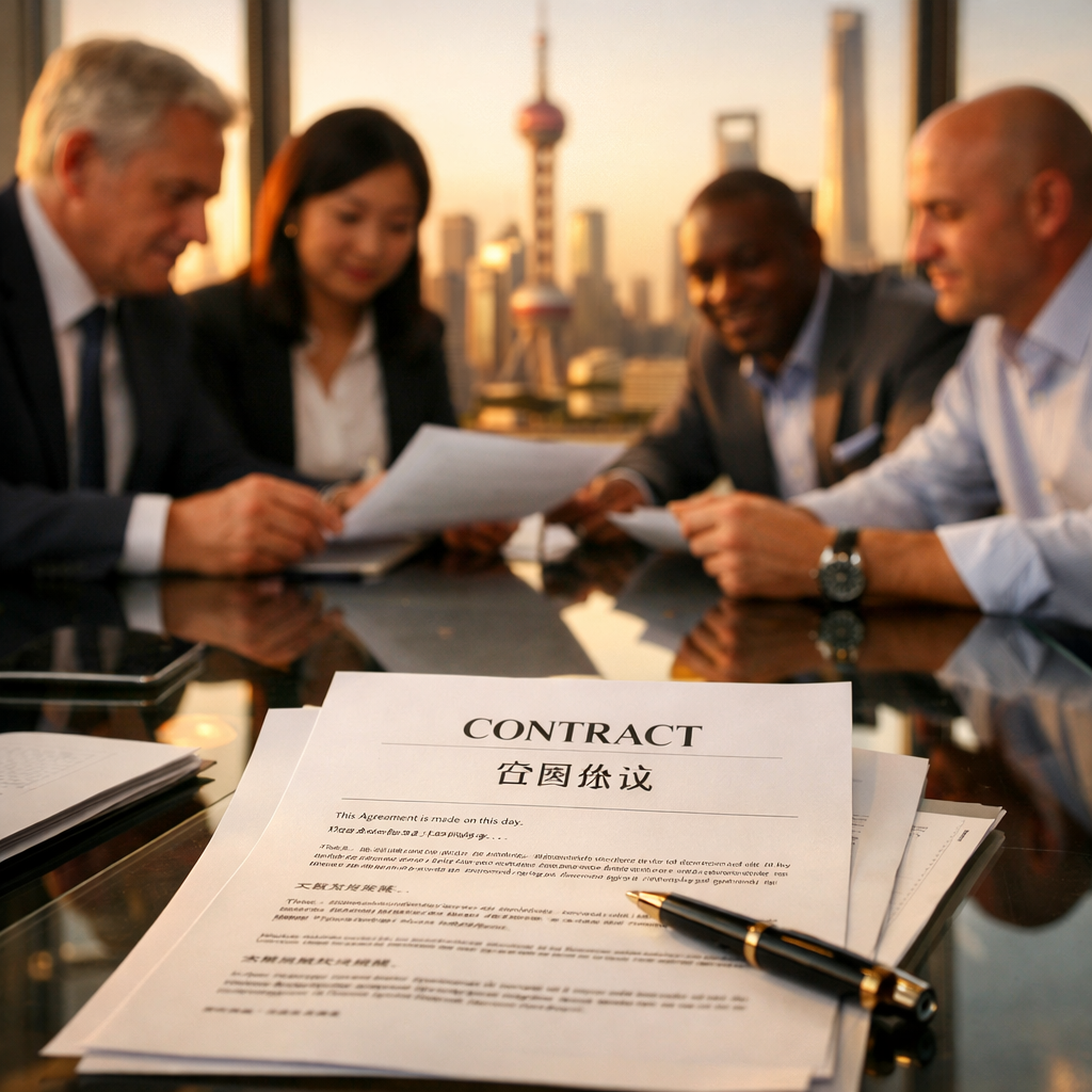 A professional business meeting scene in a modern Shanghai office, photo style, shot with 50mm lens at f/2.8, showing diverse international executives reviewing contract documents on a glass conference table, with the Pudong skyline visible through floor-to-ceiling windows, natural lighting from golden hour, shallow depth of field focusing on the contract papers with visible Chinese and English text, Canon EOS R5, highly detailed, warm tones, cinematic composition