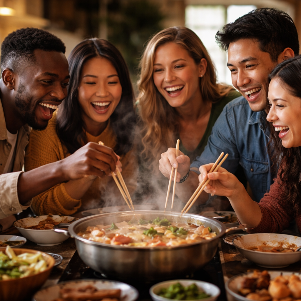 A warm, inviting photo of diverse friends gathered around a bubbling hot pot table, laughing and cooking together, shot with 50mm lens, f/2.8, natural warm lighting, shallow depth of field, capturing the steam rising from the pot and genuine expressions of joy and connection, photo style