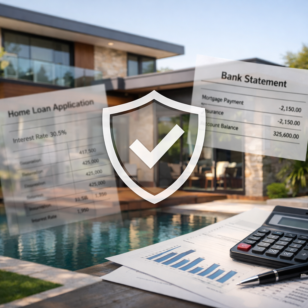 A professional business photograph showing a modern Australian property with a transparent overlay of financial documents and a protective shield symbol, shot with 50mm lens, f/2.8, natural lighting, high detail, photo style