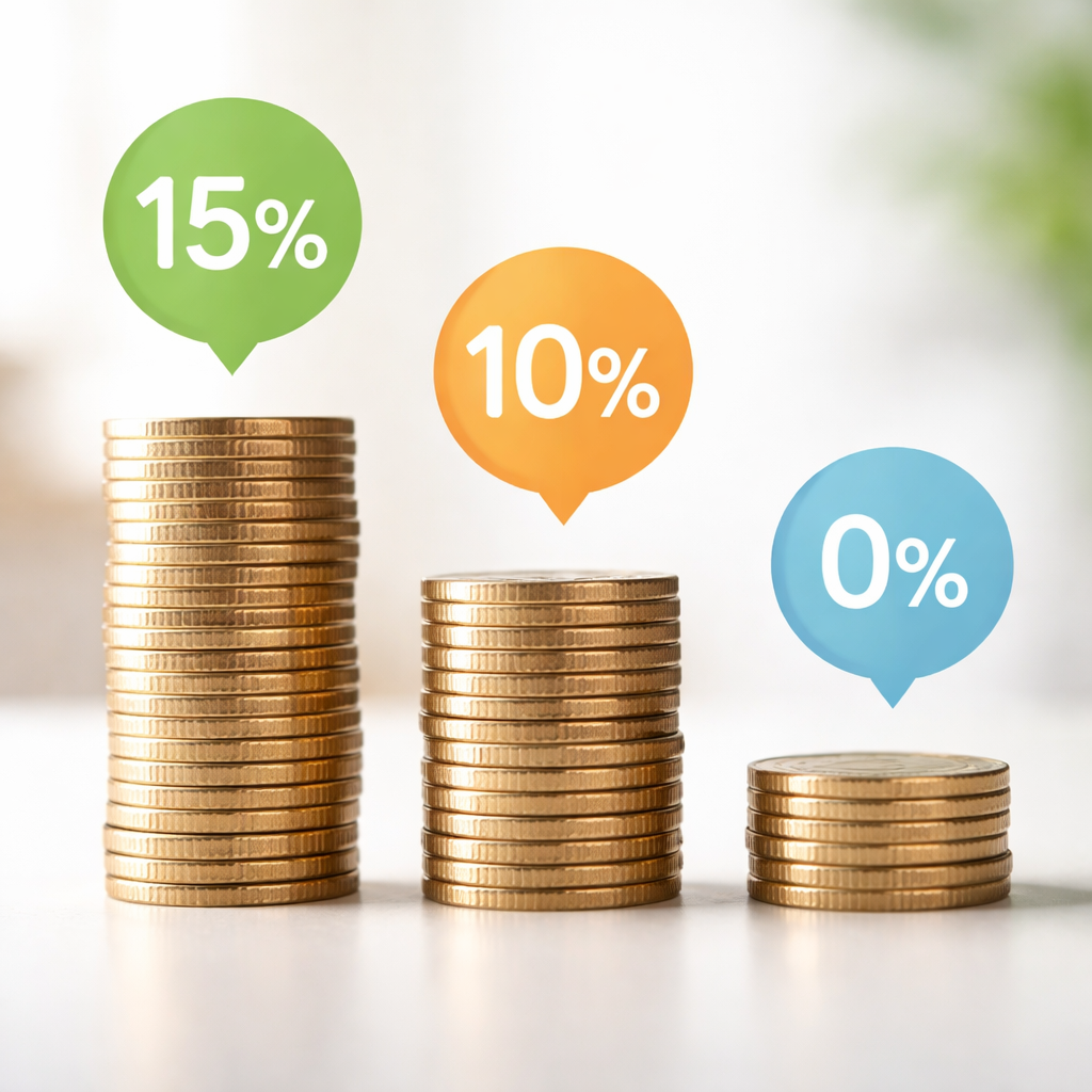 A clean infographic-style photograph displaying three stacks of coins in ascending height representing 15%, 10%, and 0% tax rates, with soft shadows on a light background, macro lens, shallow depth of field, professional lighting, photo style