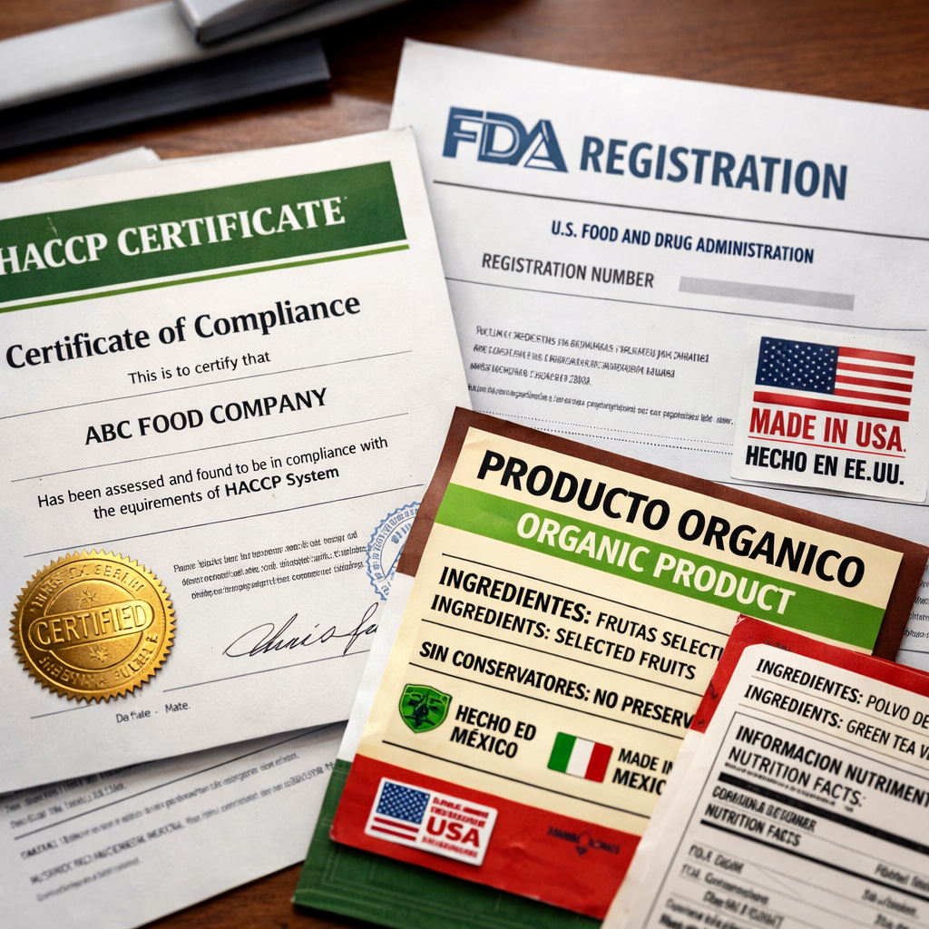 Close-up of official food safety certification documents and labels spread on a desk, including HACCP certificate, FDA registration papers, and bilingual product labels, overhead view, natural office lighting, shallow depth of field with f/2.8, shot with macro lens, crisp details showing text and stamps, professional business photography style