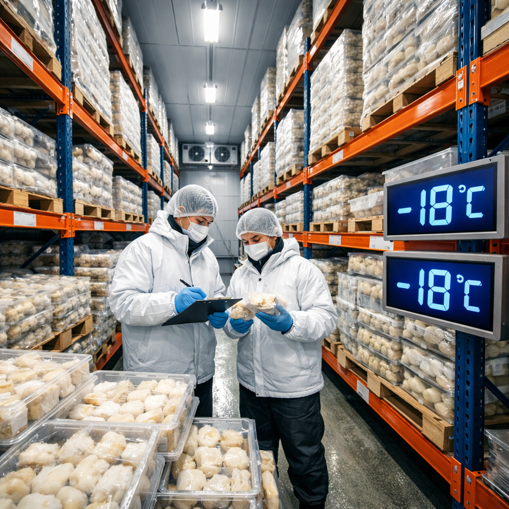 A modern cold storage warehouse interior with rows of frozen dim sum packages on industrial shelving, temperature monitoring displays showing -18°C, workers in protective gear conducting quality checks, shot with wide-angle lens, bright LED lighting, highly detailed, professional food industry photography style