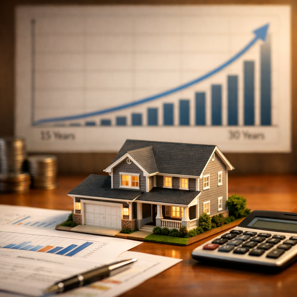 A strategic wealth-building scene showing an upward growth chart with property and financial elements. In the foreground, a detailed residential investment property model sits on a desk alongside financial documents and a calculator. Behind it, a large ascending graph shows consistent growth over a 15-30 year timeline. Warm professional lighting, photo style shot with 50mm lens, shallow depth of field focusing on the property model, conveying long-term retirement planning success.