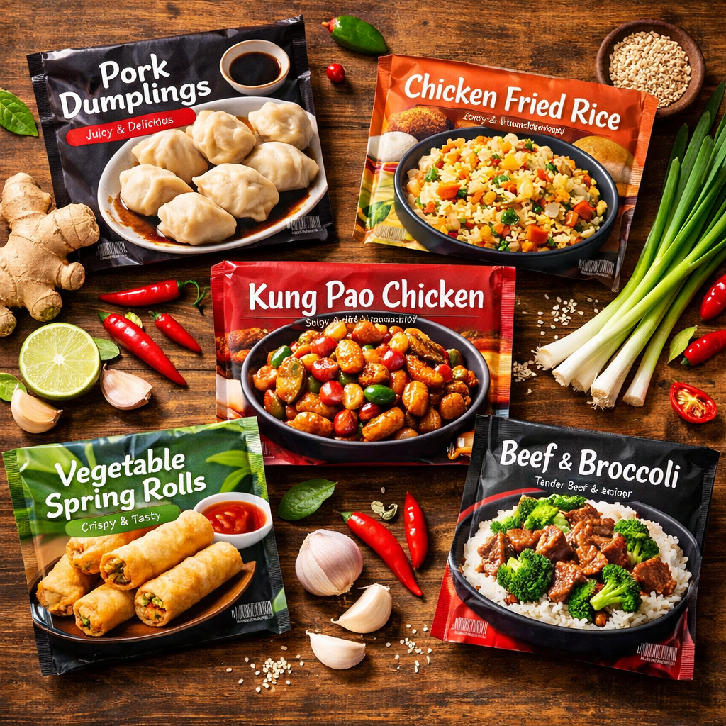 An overhead flat lay composition showing various frozen Chinese meal packages artfully arranged on a wooden surface, including dumplings, spring rolls, and prepared entrees in modern packaging, surrounded by fresh ingredients like ginger, scallions, and chili peppers, bright natural lighting from above, shot with macro lens, vibrant colors, food styling photography, highly detailed textures