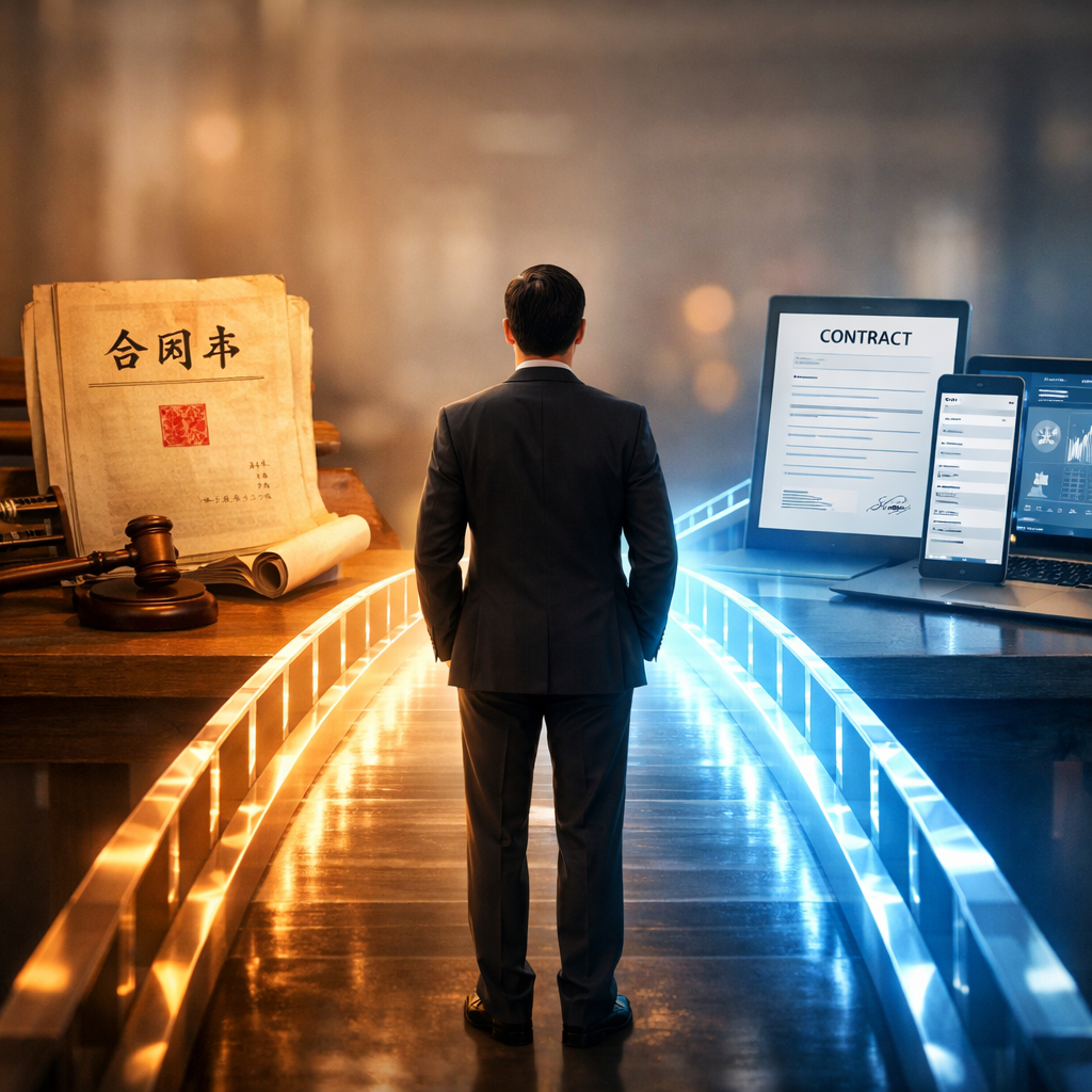 A professional business person standing at a glowing digital bridge that connects traditional Chinese legal documents on one side to clear, modern digital interfaces on the other side, shot with 50mm lens, f/2.8, natural lighting, photo style, highly detailed, warm tones