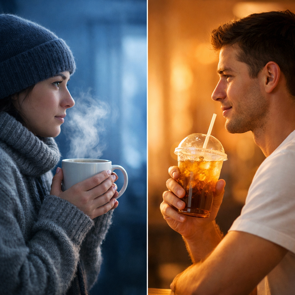 A split-screen composition showing contrast between two people: on the left, a person bundled in a thick sweater holding a steaming cup of tea with visible cold breath in cool-toned lighting; on the right, a person in a light t-shirt holding an iced drink in warm-toned lighting. Both figures shown in profile facing each other across the divide, photo style, shot with 50mm lens, f/2.8, natural lighting, highly detailed, realistic skin tones and textures