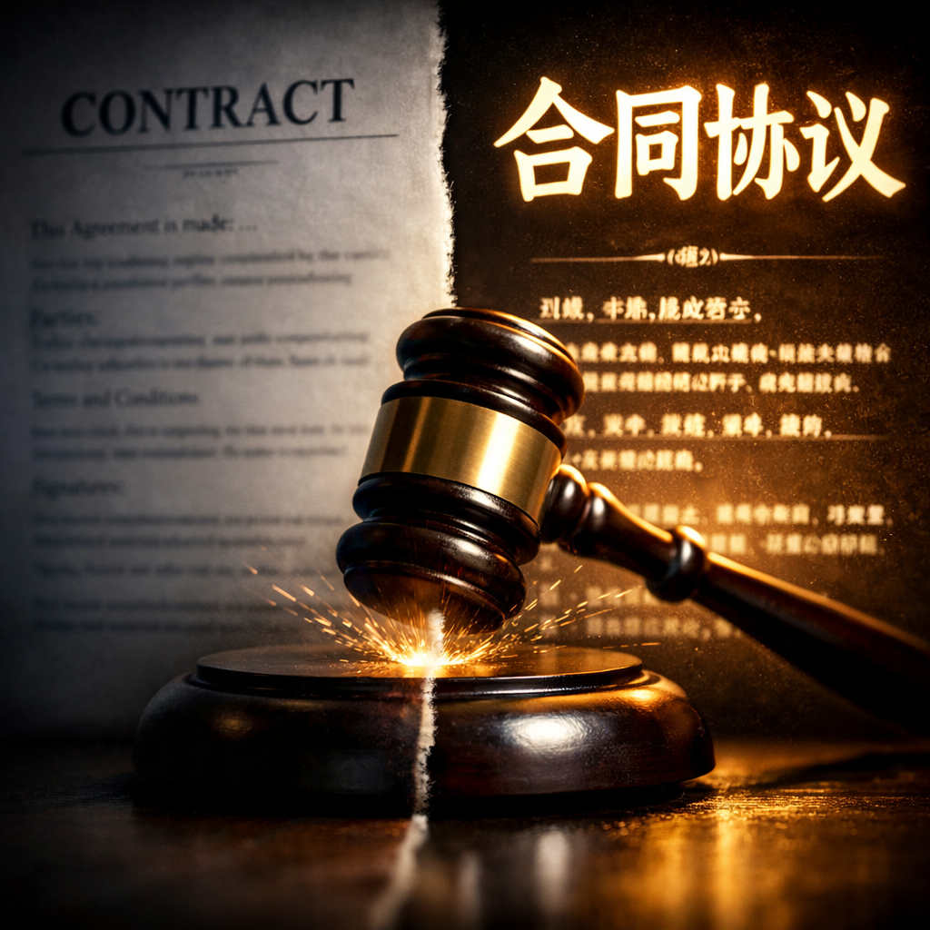 A split-screen composition showing a bilingual contract document. On the left side, English text is clearly visible but appears faded and ghosted. On the right side, Chinese characters are bold and prominent, glowing with legal authority. In the center, a gavel strikes down, creating a visual divide between the two versions. The lighting dramatically favors the Chinese side, with the English side cast in shadow. Shot with 50mm lens, shallow depth of field, dramatic courthouse lighting, high contrast, photo style.