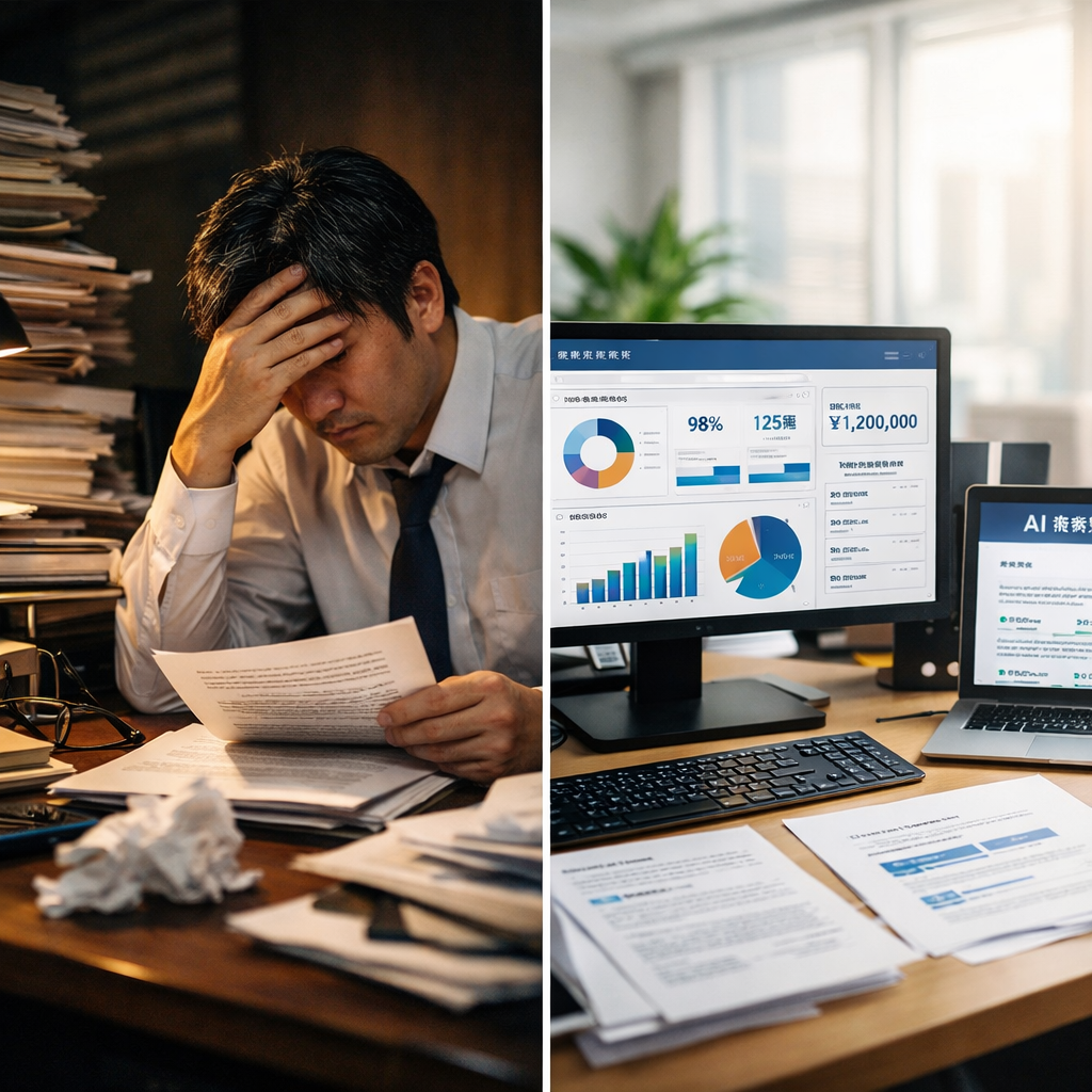 A split-screen composition showing contrast between traditional and AI-powered contract management: on the left side, a stressed legal professional surrounded by towering stacks of paper contracts and documents in a dimly lit office; on the right side, a modern workspace with clean digital screens displaying contract analytics dashboards, AI-generated insights, and structured data visualizations with Chinese characters visible on some documents, bright natural lighting, shot with 50mm lens, f/2.8, professional corporate photography style, high contrast between the two halves