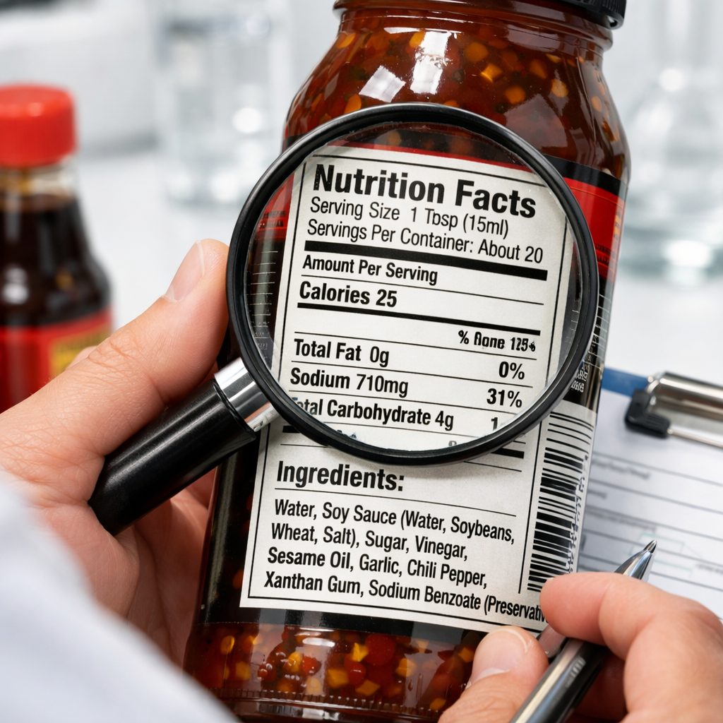 Close-up photo of a food safety inspector examining Chinese sauce bottle labels with a magnifying glass and clipboard in a modern quality control laboratory, shot with macro lens, f/4, bright overhead LED lighting, highly detailed view of nutrition facts panel and ingredient list, professional documentation photography style, clean white laboratory background, sharp focus on label details