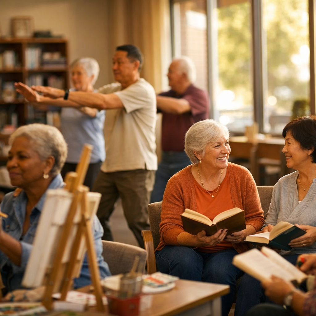A warm, inviting community center scene in photo style, shot with 50mm lens at f/2.8, showing diverse seniors engaged in various activities - some painting at easels, others in a book club discussion, and a small group practicing tai chi near windows with natural afternoon lighting, captured with shallow depth of field, the atmosphere conveys joy and genuine connection, warm color tones, DSLR camera quality