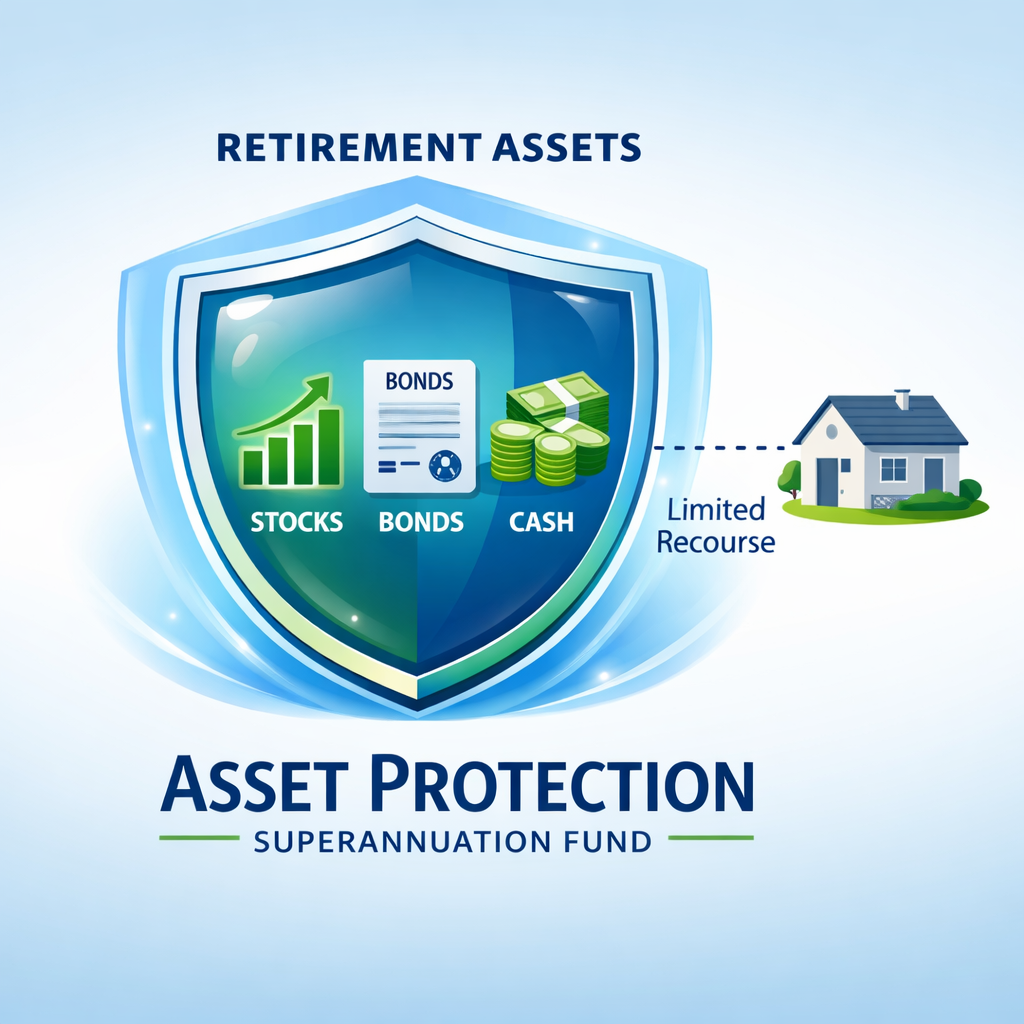 A professional financial diagram showing a protective shield surrounding retirement assets, with a single property separated outside the shield, connected by a dotted line labeled 'limited recourse'. The shield contains icons of stocks, bonds, and cash, while the separated property stands alone. Clean, modern illustration style with blue and green color scheme, emphasizing the concept of asset protection in superannuation fund structure.