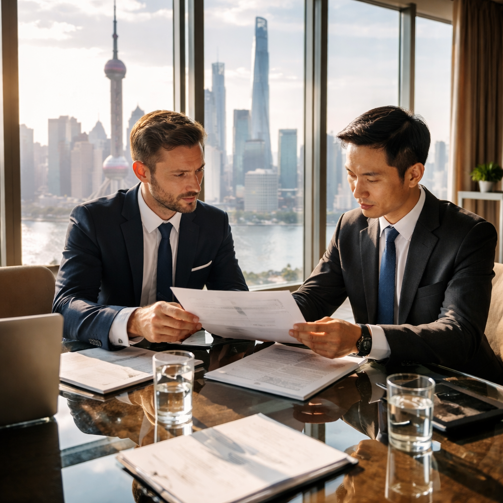 A professional business meeting scene in a modern Shanghai office, showing a Western businessperson and Chinese distributor reviewing contract documents across a glass conference table, with the iconic Shanghai skyline visible through floor-to-ceiling windows, dramatic natural lighting creating strong shadows, shot with 35mm lens at f/2.8, highly detailed, photo style