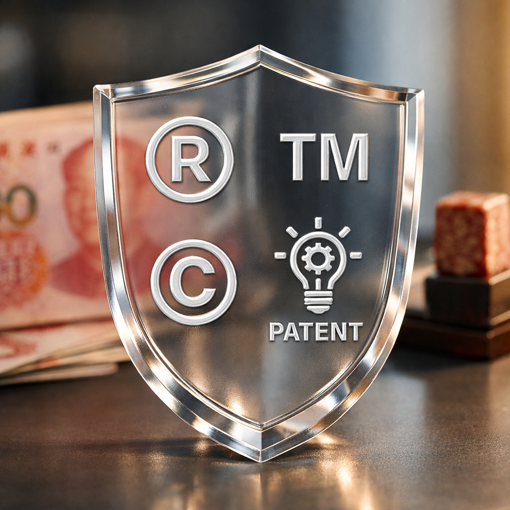Photo style image of a protective legal shield made of transparent glass or acrylic, with trademark symbols and patent icons embossed on its surface. The shield stands upright on a modern office desk. Behind it, soft focus shows Chinese currency notes and a traditional Chinese red seal stamp. Shot with macro lens, f/4 aperture for medium depth of field. Warm natural lighting from the side creates subtle reflections on the shield's surface. Canon EOS R5 quality, clean composition, sharp details on the trademark symbols, professional business photography aesthetic.