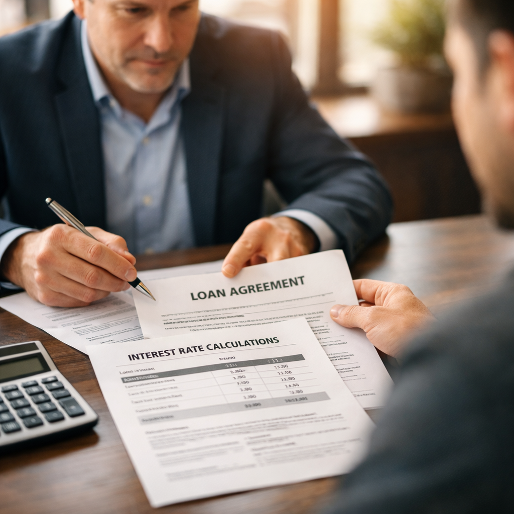 A professional financial advisor reviewing documents with a client across a modern desk, natural office lighting streaming through large windows, photo style shot with 50mm lens at f/2.8, shallow depth of field focusing on paperwork showing loan agreements and interest rate calculations, warm tones, highly detailed