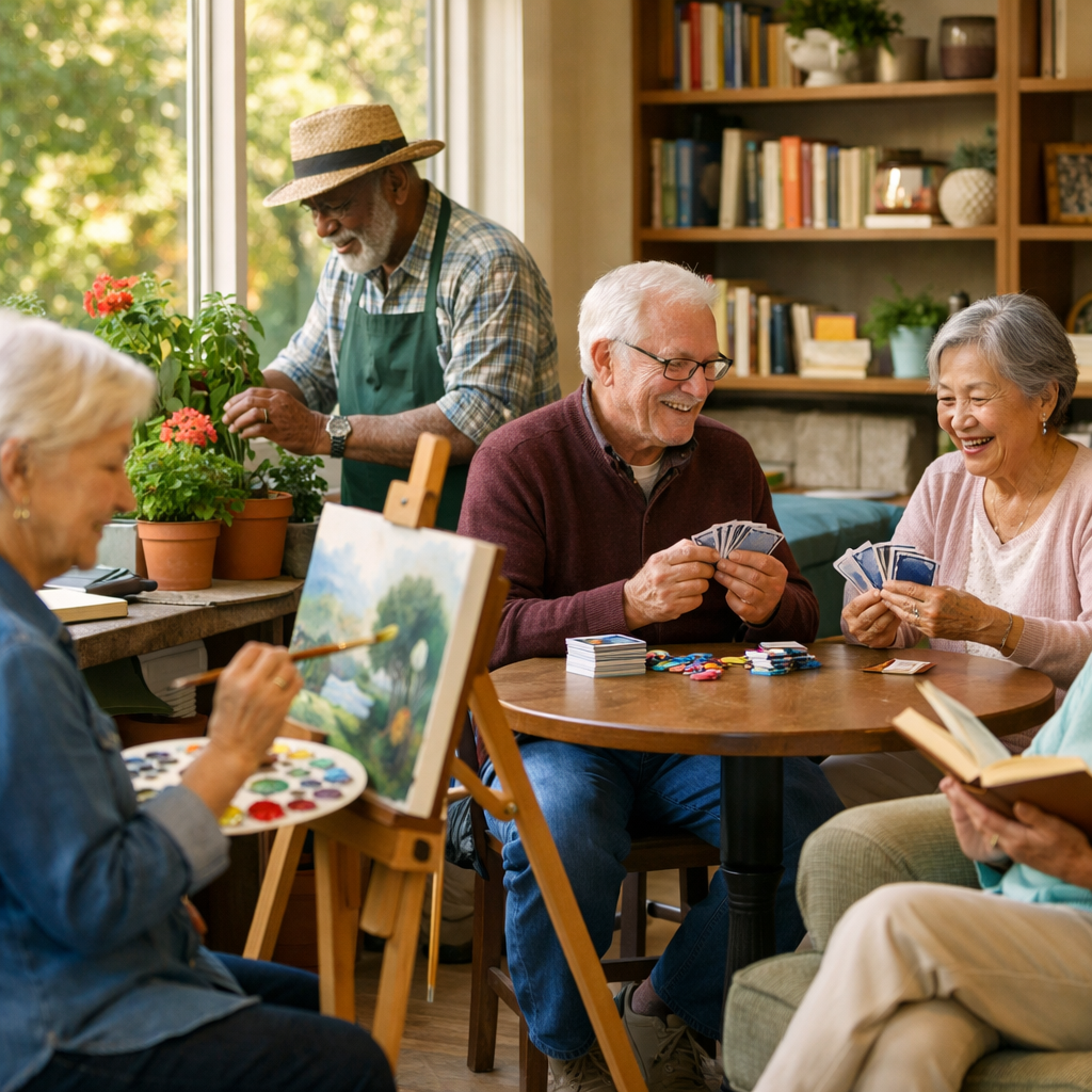 A vibrant photo of a diverse group of active seniors engaged in various hobbies in a bright community center - one person painting at an easel, another tending to potted plants, two people playing cards at a table, and someone reading in a comfortable chair, natural lighting streaming through large windows, shot with 50mm lens, warm and inviting atmosphere, photo style