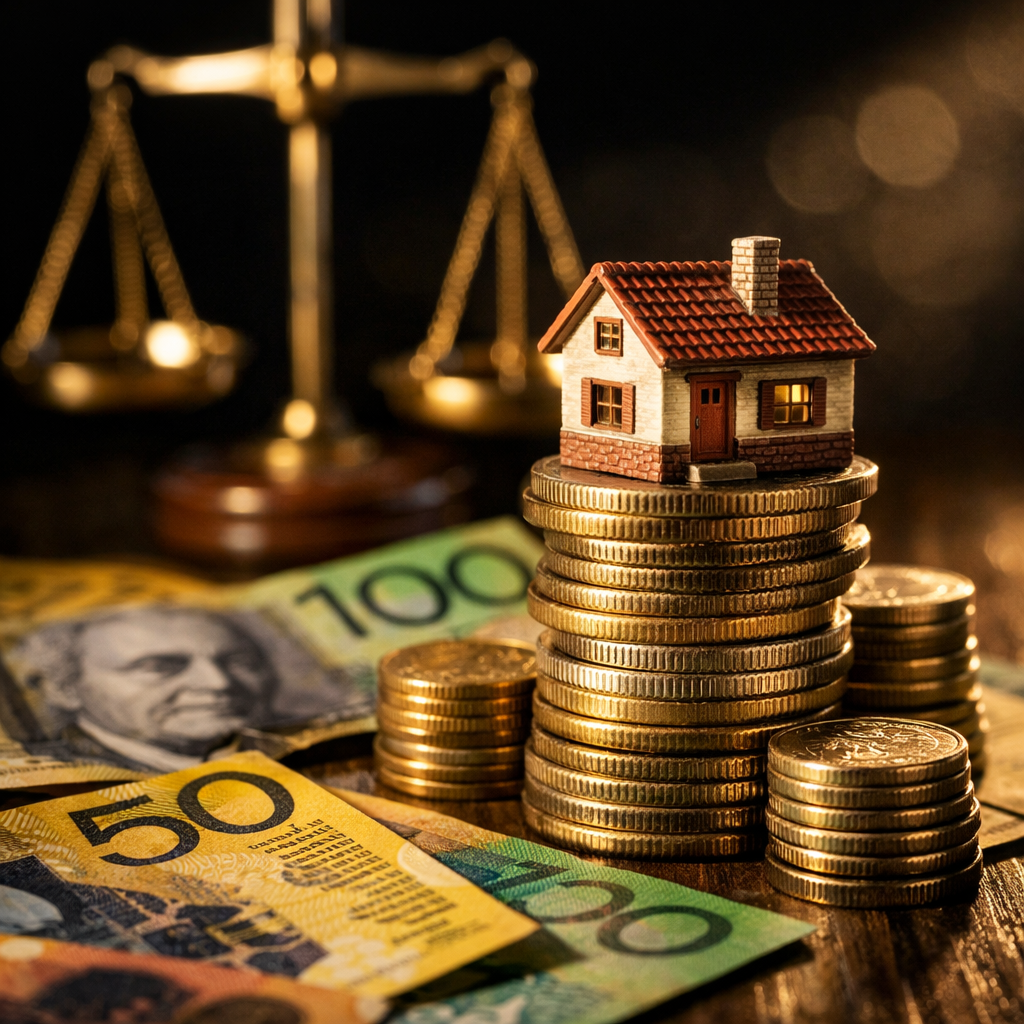 A miniature house model sitting on top of stacked coins with Australian dollar bills, balanced scale in the background symbolizing financial decision-making, macro lens photography with bokeh effect, dramatic side lighting creating long shadows, highly detailed textures on coins and banknotes, professional product photography style
