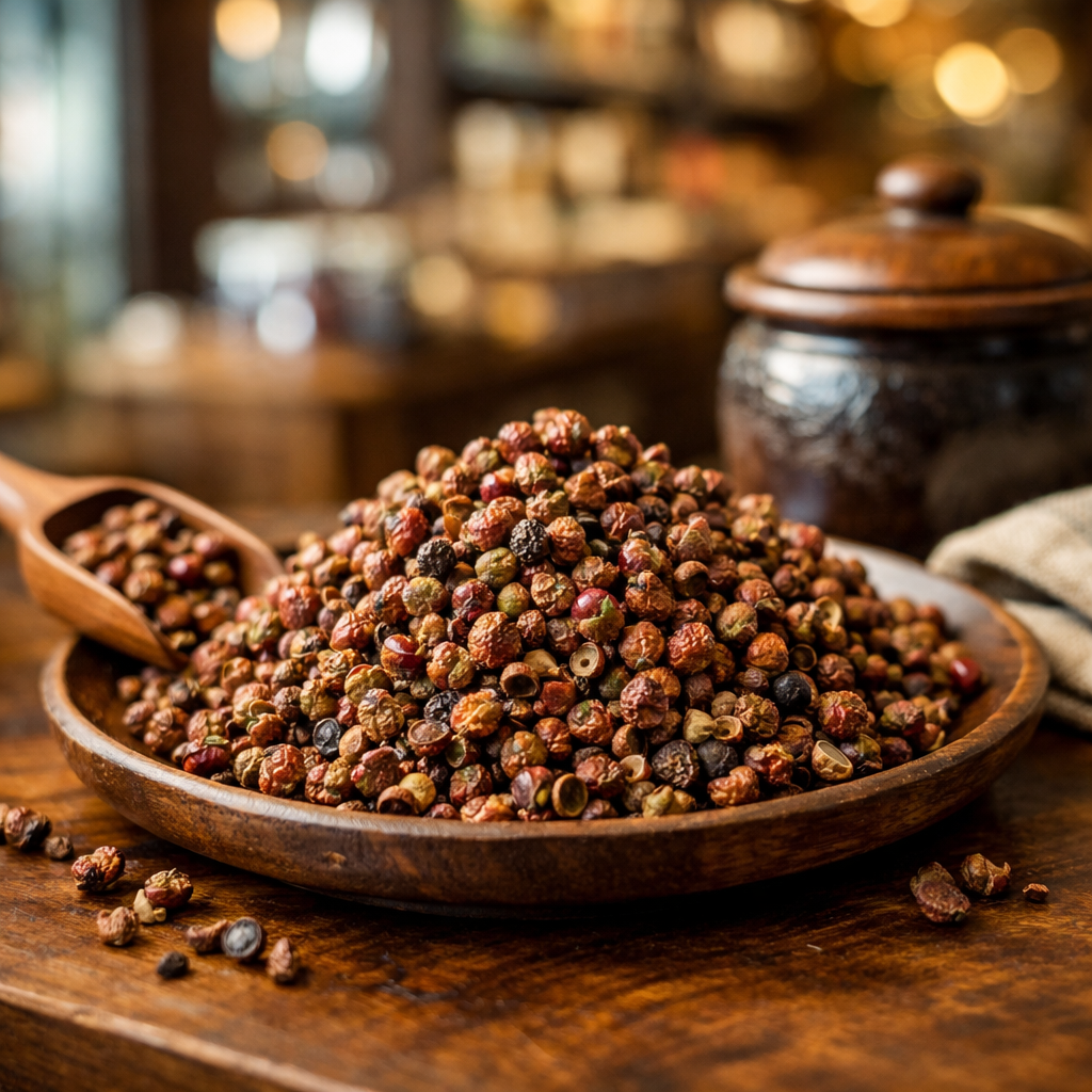 A photo style image showing premium Sichuan peppercorns displayed on elegant wooden surface in high-end retail environment, shot with 50mm lens, f/2.8, natural lighting streaming through windows, shallow depth of field with blurred upscale grocery store background, highly detailed texture of the peppercorns showing their distinctive split-open appearance, warm tones, sophisticated product presentation suggesting luxury and authenticity