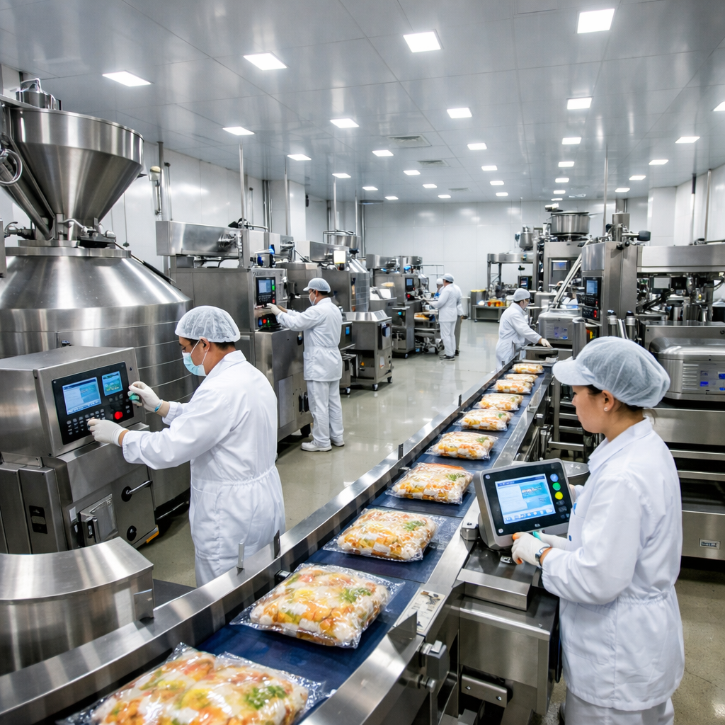A modern Chinese food manufacturing facility with stainless steel production lines, workers in white uniforms and hairnets operating automated equipment, large industrial mixers and packaging machines, bright LED lighting illuminating clean white walls, conveyor belts moving packaged food products, quality control stations with digital displays, shot with wide-angle lens, industrial photography style, high contrast lighting, sharp focus on manufacturing equipment